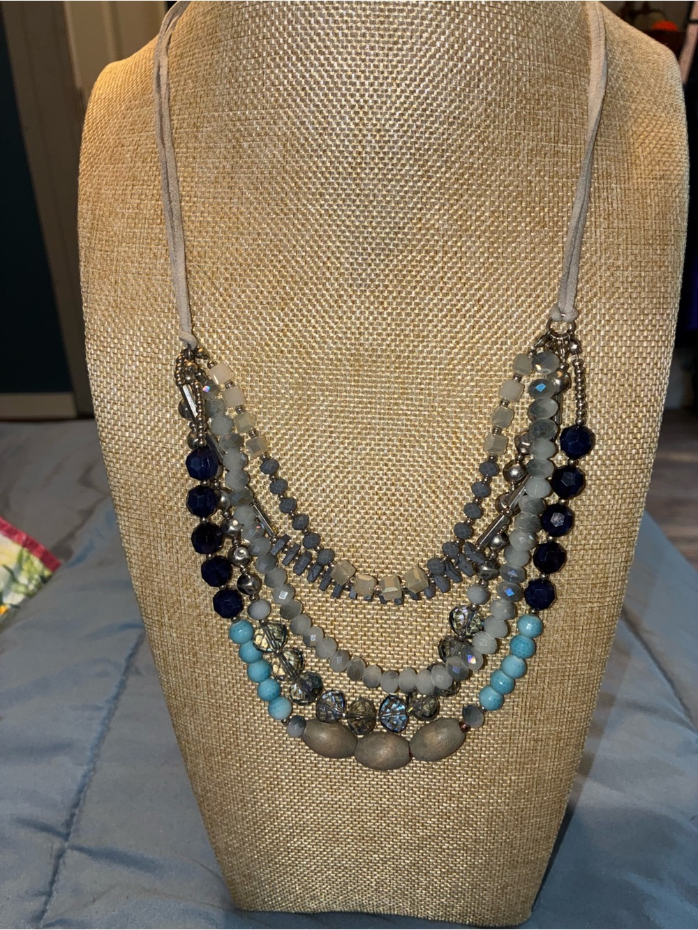 Multi-Strand Beaded Statement Necklace in Blue and Gray
